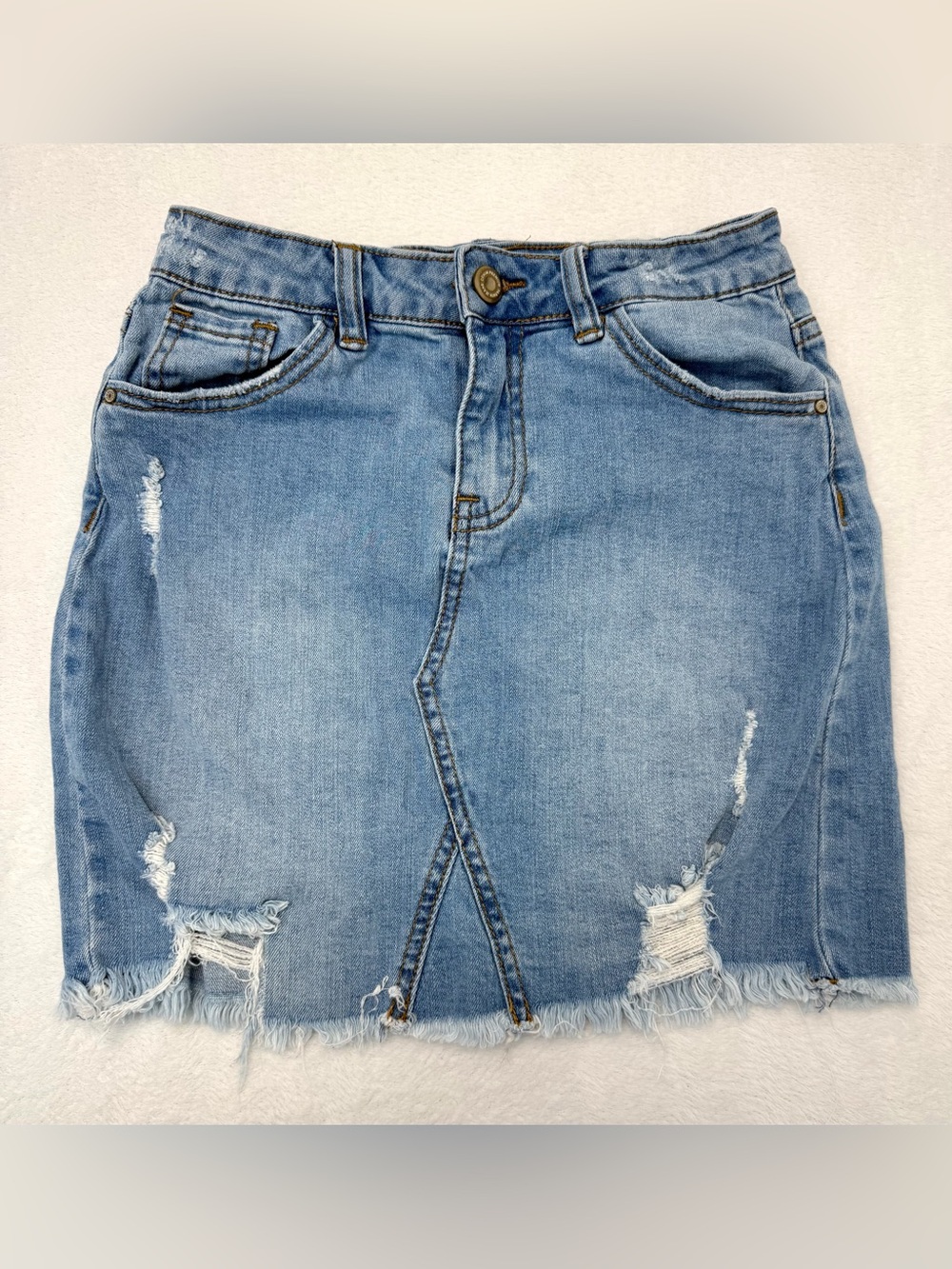 Papaya High Rise Destroyed Denim Mini Skirt Womens Size Small Distressed Raw Hem